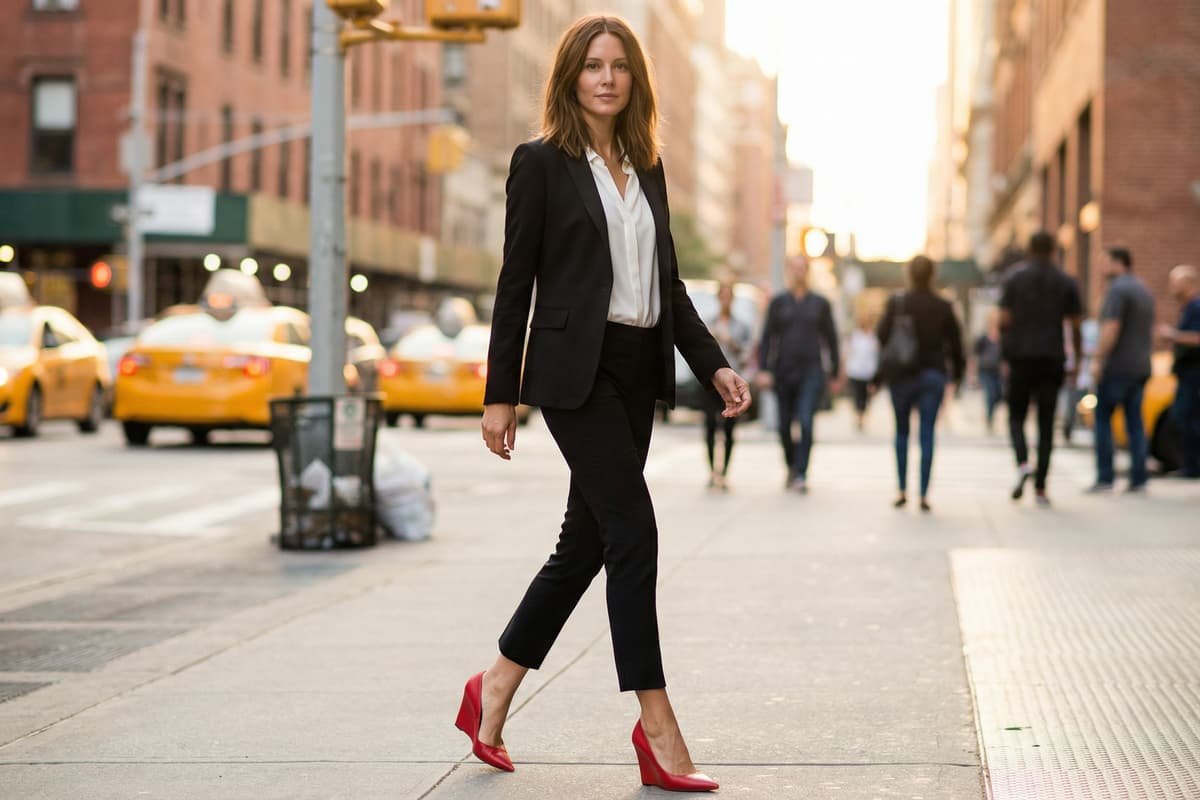 mulher andando na rua usando sapatos vermelhos