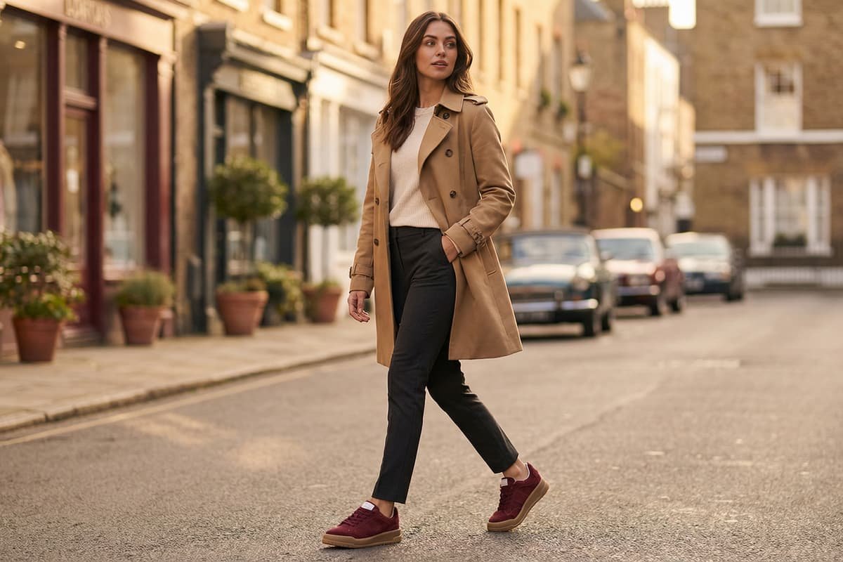 modelo andando na rua usando sobretudo, cal&ccedil;a jeans e t&ecirc;nis