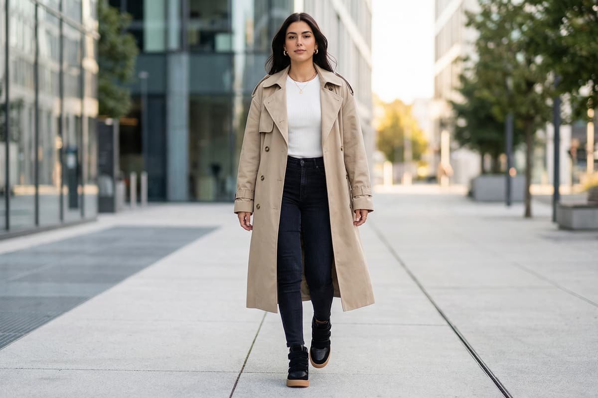 modelo andando da rua usando t&ecirc;nis, cal&ccedil;a jeans, camiseta branca e sobratudo bege
