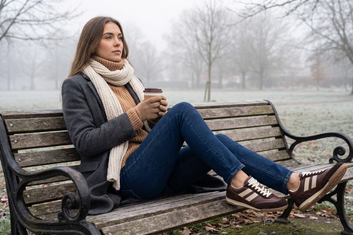 modelo sentada em banco de pra&ccedil;a com clima de inverno
